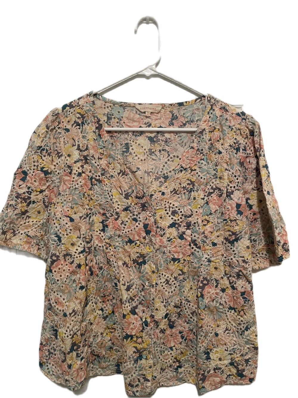 Solitaire Floral V-Neck Short Sleeve Blouse - Pink, Yellow, Blue